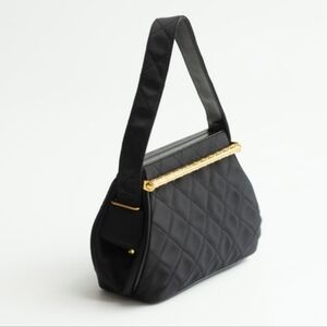Chanel Vintage Black Quilted Fabric Leather Trim Small Purse Handbag